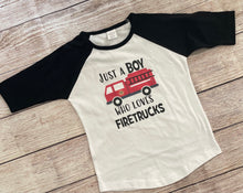 Load image into Gallery viewer, toddler firetruck raglan shirt