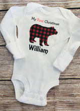 Load image into Gallery viewer, Buffalo plaid onesie, baby first Christmas, Christmas onesie, personalized