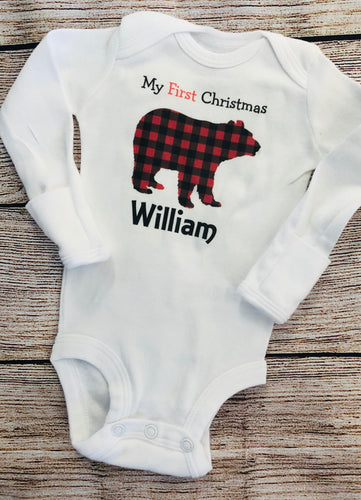 Buffalo plaid onesie, baby first Christmas, Christmas onesie, personalized