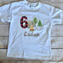 Load image into Gallery viewer, Camping birthday shirt personalized 