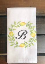 Load image into Gallery viewer, monogram lemon wreath tea towel