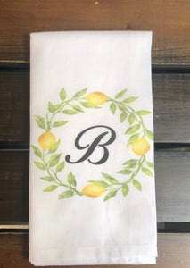 monogram lemon wreath tea towel